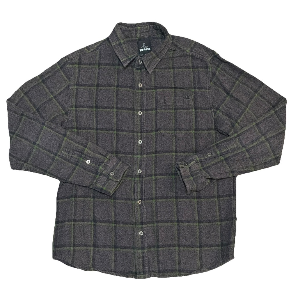 Prana Men's Large Metal Button Up Long Sleeve Flannel Shirt Pocket